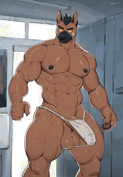 Brown Dog in Restroom